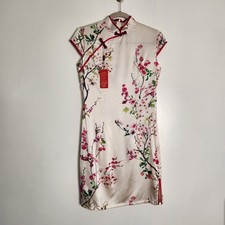 NWT 95 Mulberry Silk Chinese Qipao Cheongsam Dress White Cherry Blossom Size XL