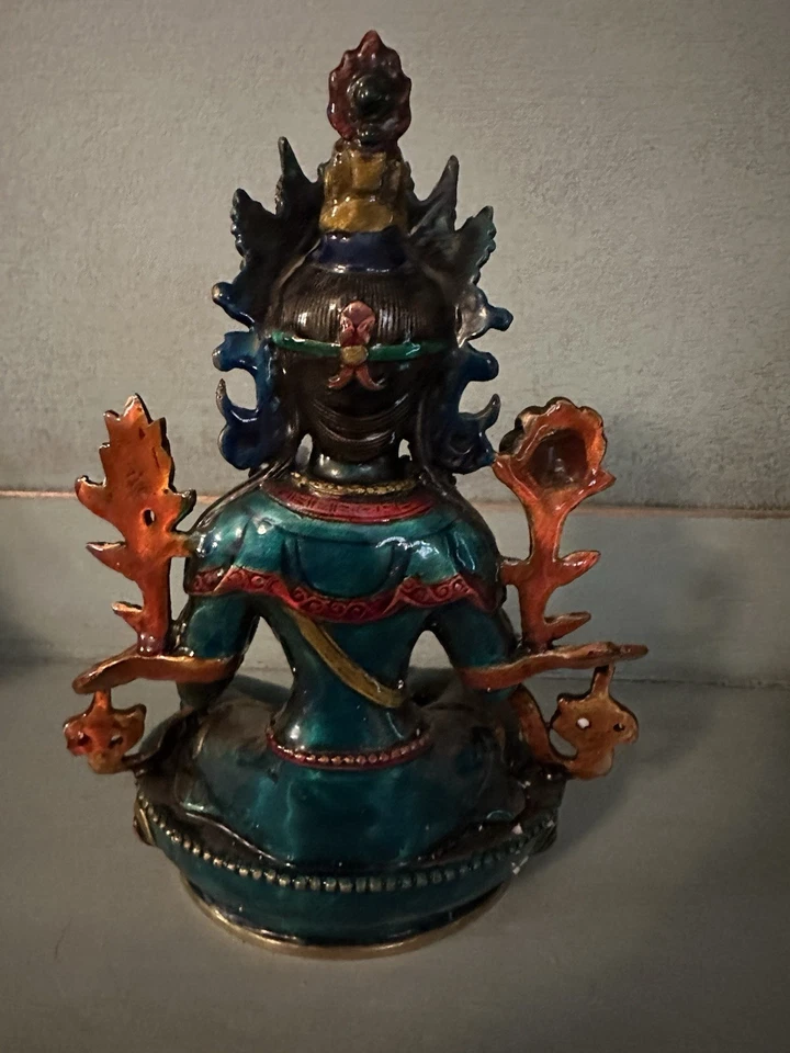 Estatua antigua de Tara verde cobre puro de 8,8" sobre base de loto doble Foto 3 de 4