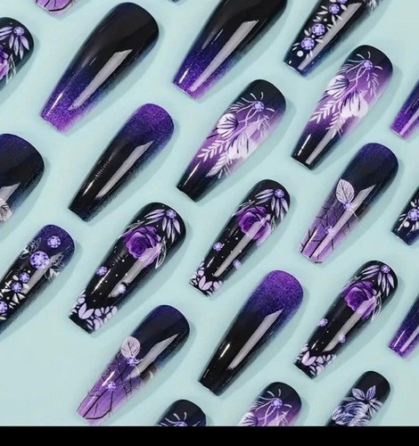 Deep Purple Floral Long Coffin Nail Tips 24pcs Goth Dark Boxed Nails GLUE & Tabs - Picture 3 of 7