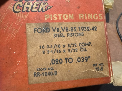 NOS WEAR CHEK RR-1040-B 75-S FORD V8 1932-1942 PISTON RING SET .020”-.039” OVER - Picture 2 of 4