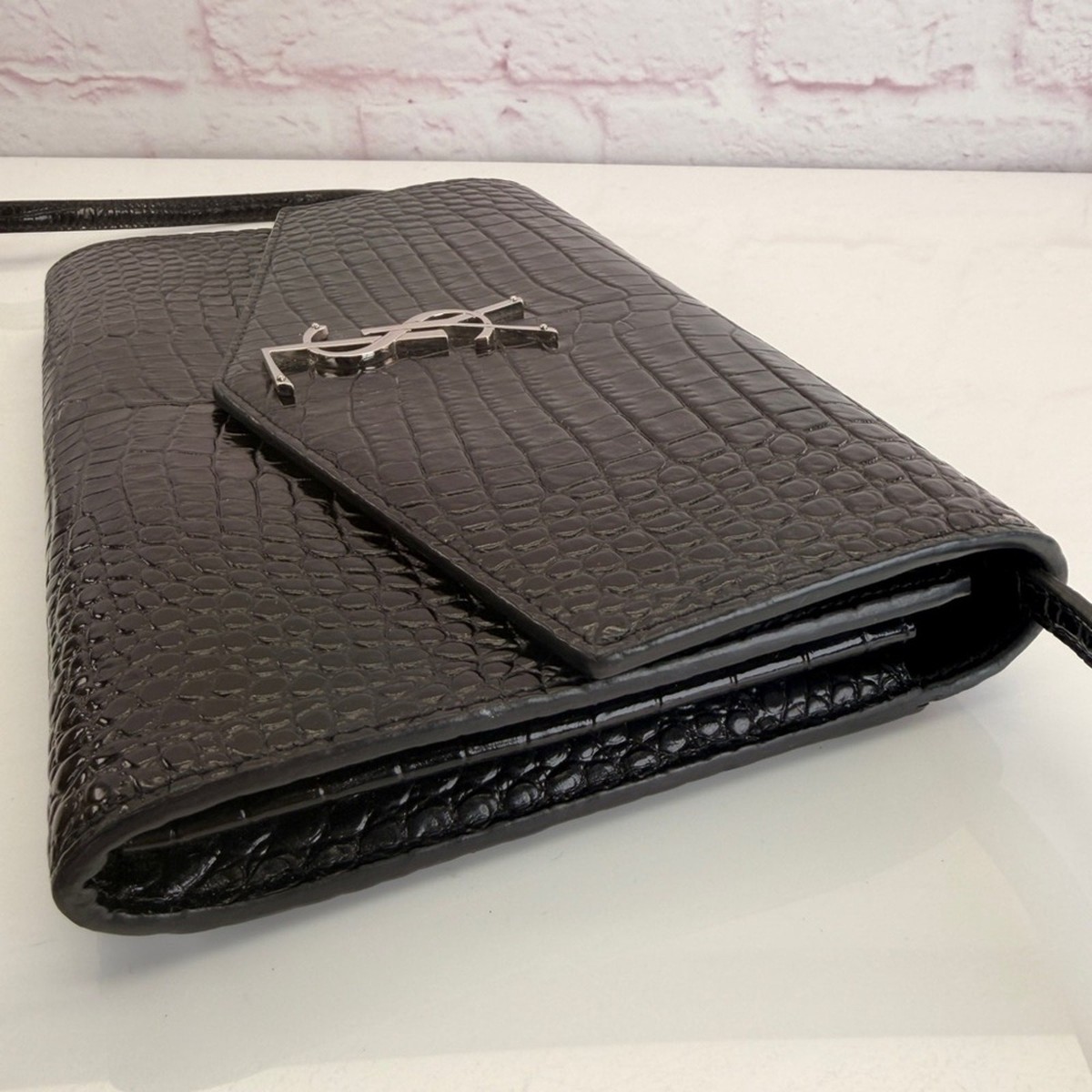 Saint Laurent Cassandra Black Croc-Embossed Envelope Wallet