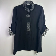 John Mark Tunic Womens Size L Black White Top Wire Collared Lagenlook Buttons