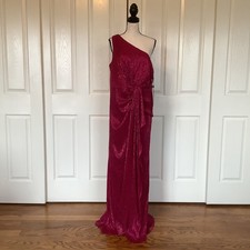 Adrianna Papell Magenta Stardust Pleated One Shoulder Draped Gown Size 14 NWT