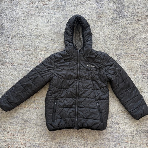 Eddie Bauer Kids Reversible Hooded Puffer Jacket Gray Sherpa Fleece Size S (7/8)