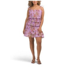 FARM RIO NWT Floral Monkey Tier Shirred Sleeveless Body Con Mini Dress Lilac XL