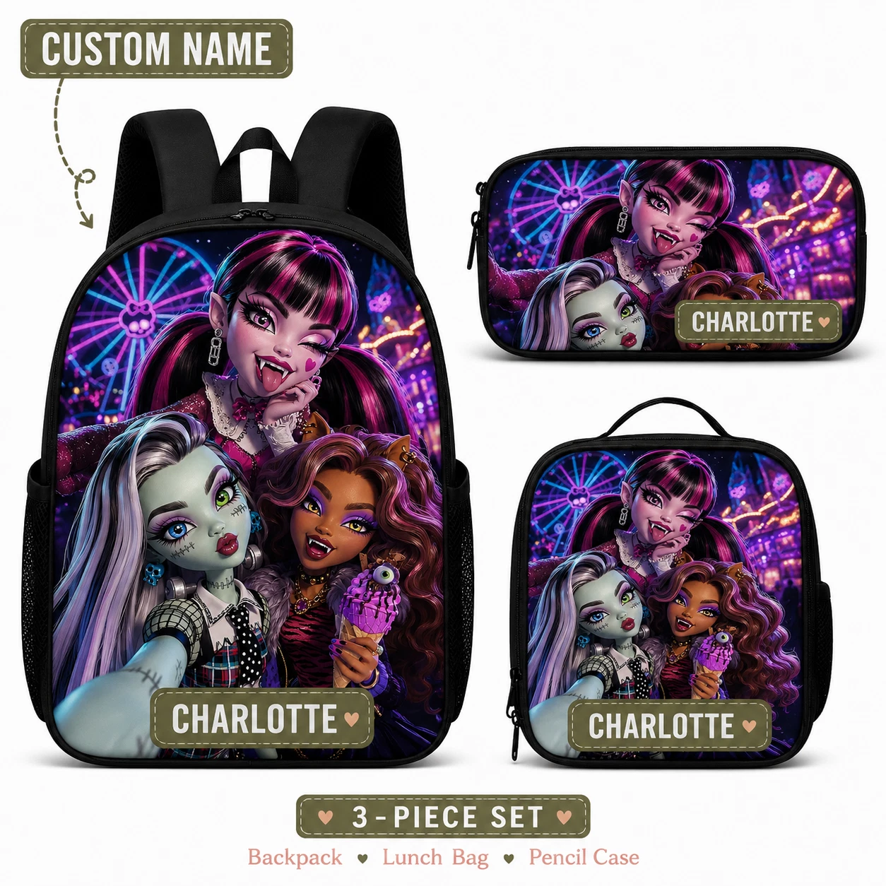 Custom Cute Gothic Style Backpack Set for Kids