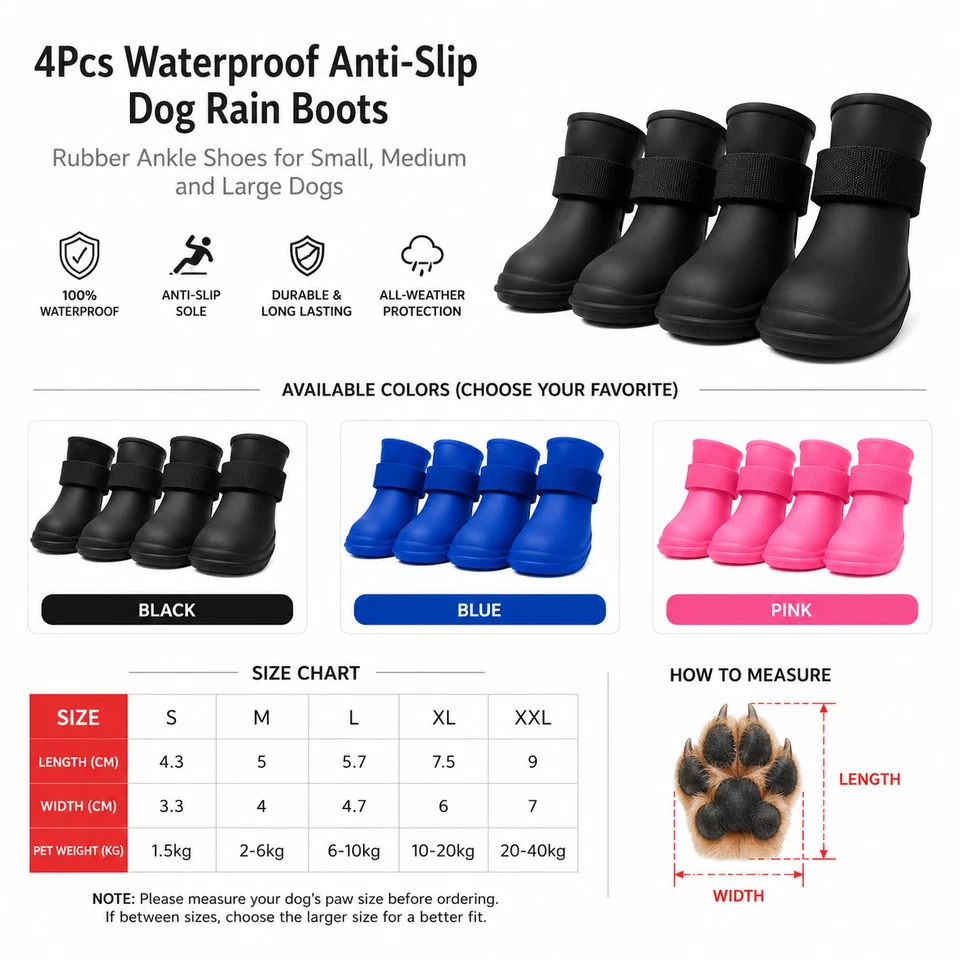 Dog Rain Boots 4Pcs Waterproof Anti-Slip Rubber Ankle Shoes Small Med Large - Image 3 of 4