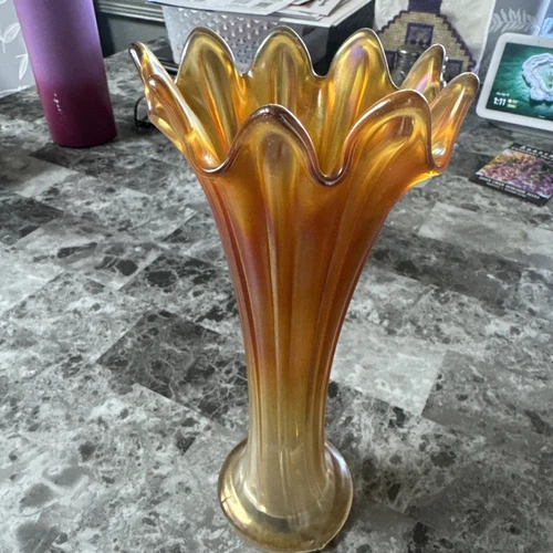 Fenton Carnival Glass Iridescent Marigold Swung Fine Rib Vase Vintage MCM
