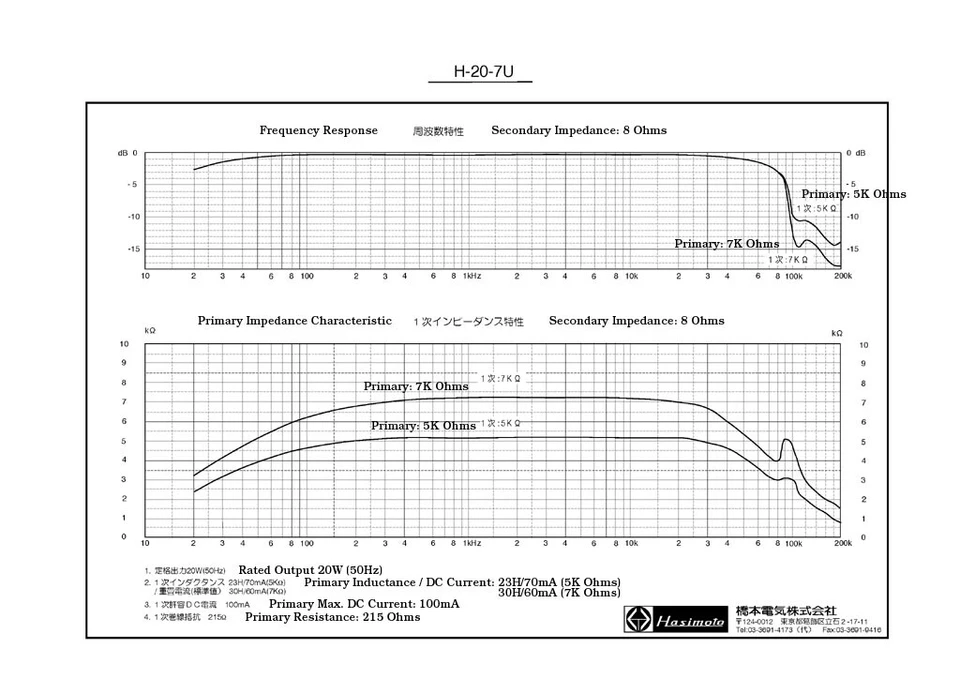Transformador de salida Hashimoto H-20-7U (Sansui) 20W único 5/7Kohms para 6V6, 6L6GC Foto 3 de 4