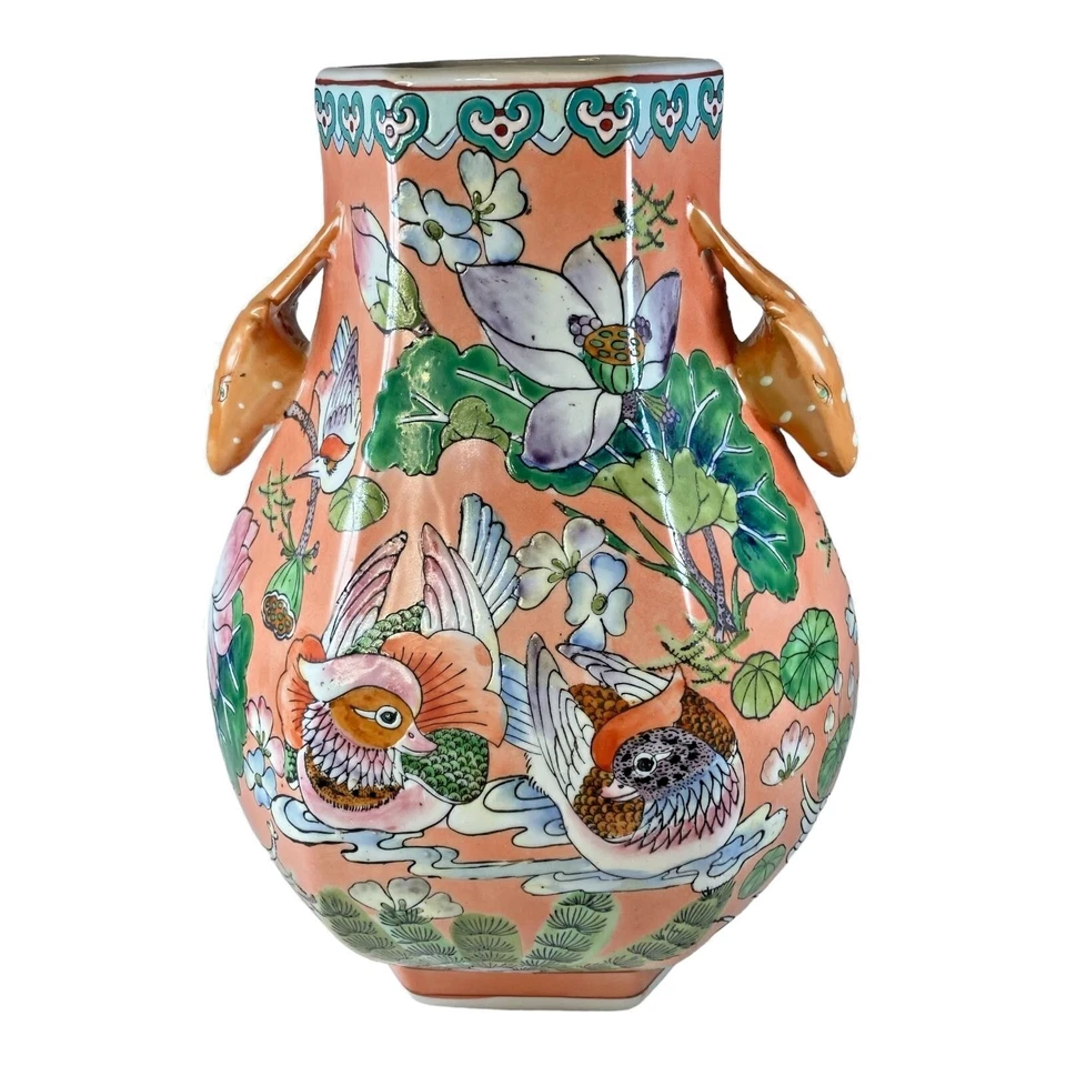 Hand Painted Vase Double Handle 12” Modern Reproduction Quianlong Style Birds - Image 2 of 4
