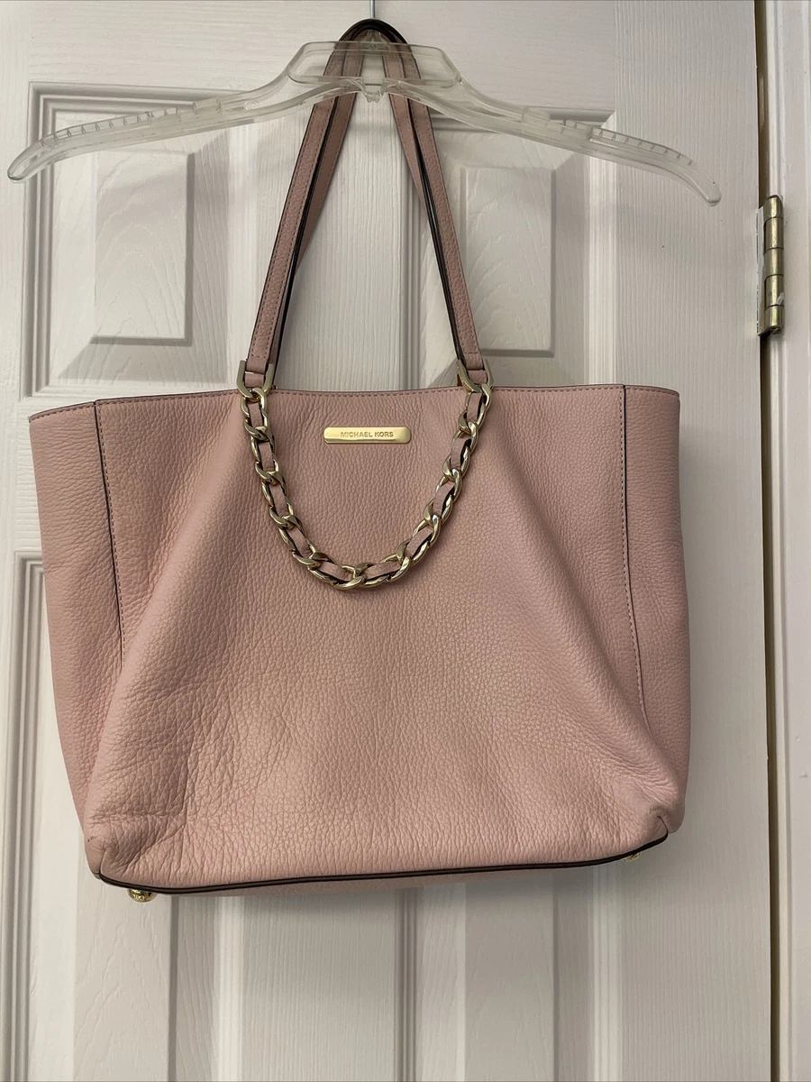 Michael Kors Women's Pale Pink Pebble Leather Tote Bag Gold Chain & Long  Handle