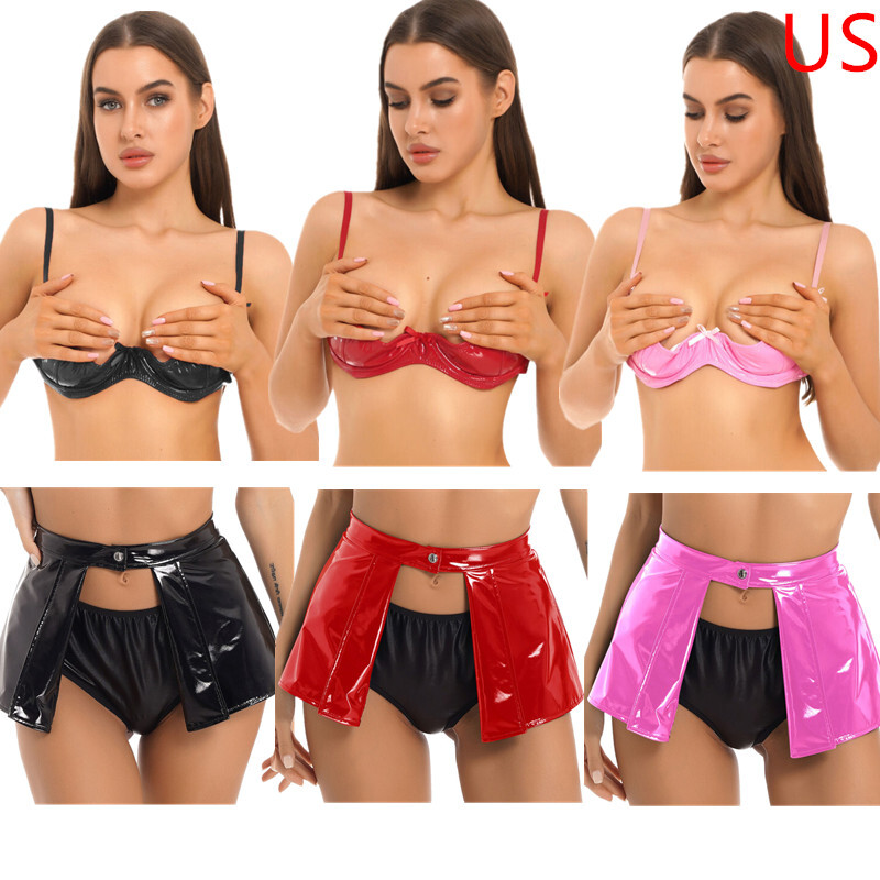 Women Sexy Lingerie Set Patent Leather Bra with Mini Skirt Shiny Party  Clubwear