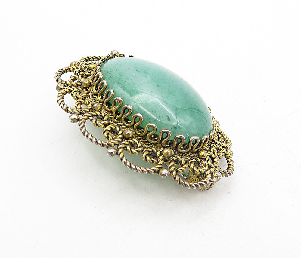 925 Sterling Silver Vintage Cabochon Cut Green Agate Twist