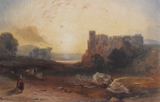 Thomas Miles Richardson - Original Watercolour Painting - A Castle at Sunset.