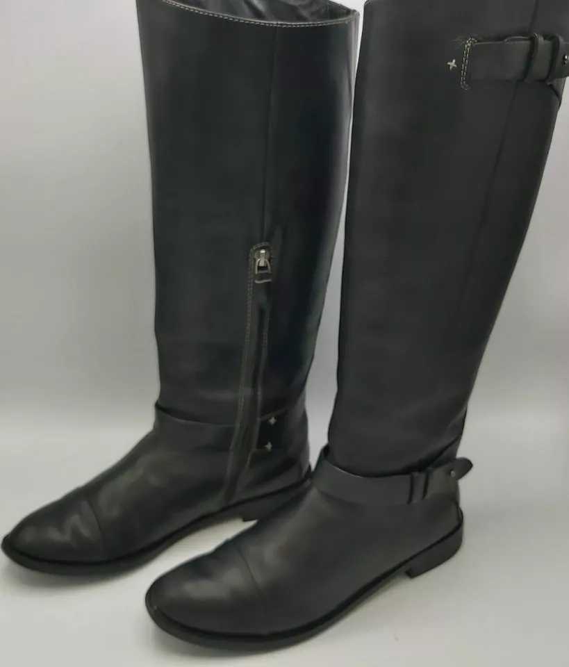 Botas hasta la rodilla halógenas de cuero negro con cremallera lateral para mujer talla 7,5 M Foto 3 de 4