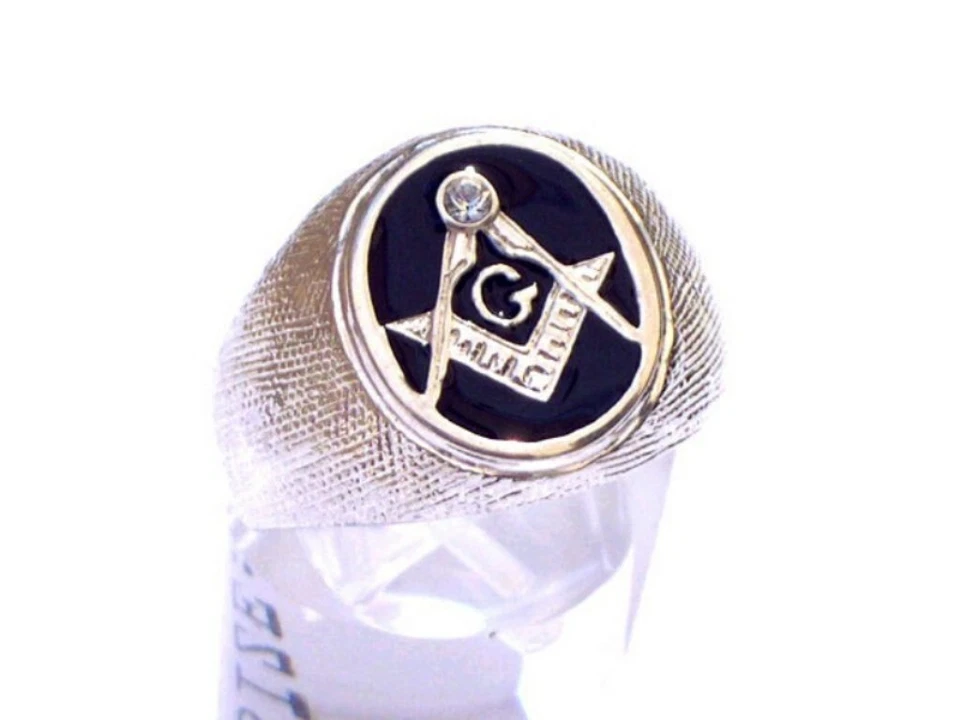 Anillo Masónico Masón Negro Esmalte Brújulas Cristal Austriaco Transparente Hombres Talla 7-15 Foto 3 de 3