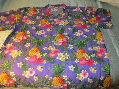 Men's King Kameha Button Up Floral Tropical Pineapple on Purple Shirt Size 4XL