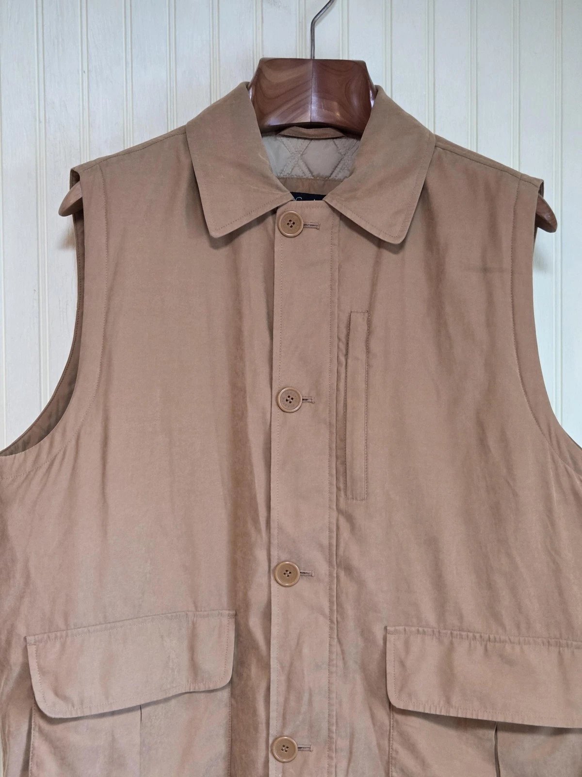 Jos A Bank Vest Mens Medium Tan Quilted Lined Utility Field Hunting Outdoor