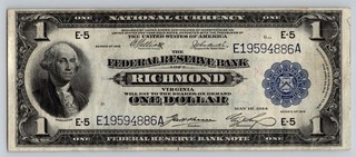 $1 1918 Richmond Virginia Federal Reserve Bank National Currency Note Large Size