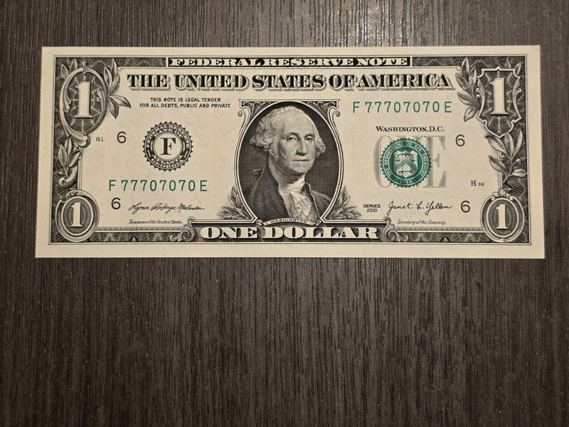 2021 $1 fancy serial number F77707070E binary with 5 of kind 7s UNC