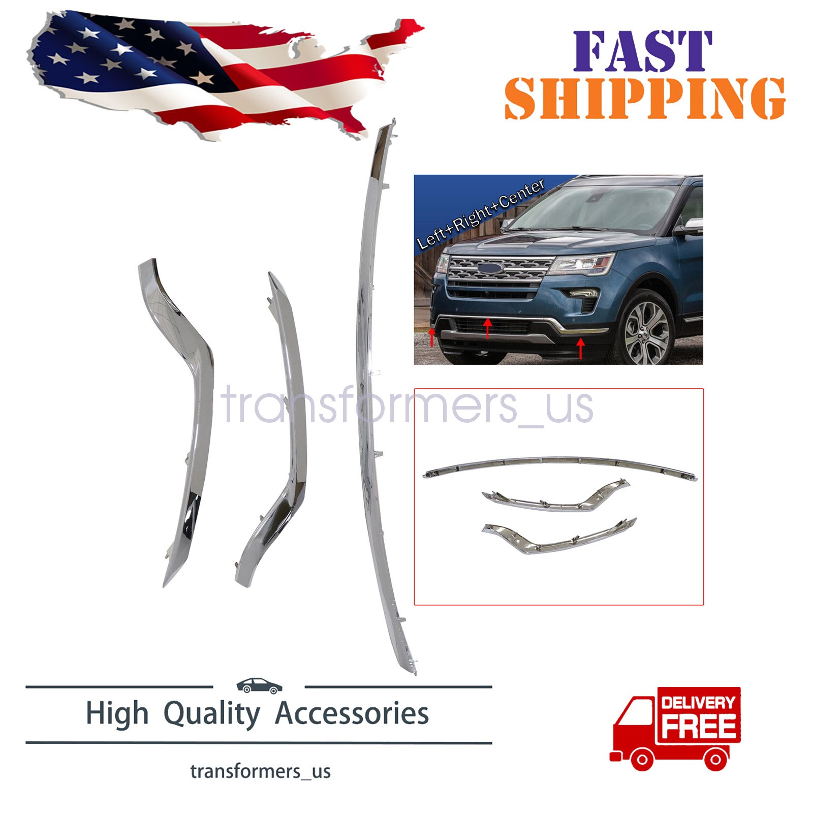 For Ford Explorer 2018-2019 Front Bumper Trim Sets Left & Right & Center Chrome