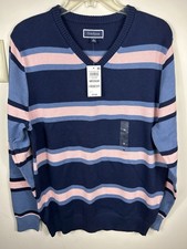 Club Room Sweater Men  s M Pink  Blue Striped V Neck Preppy Academia Classic NEW