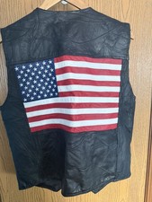 Black Genuine Leather Motorcycle Vest American Flag Back Men's M