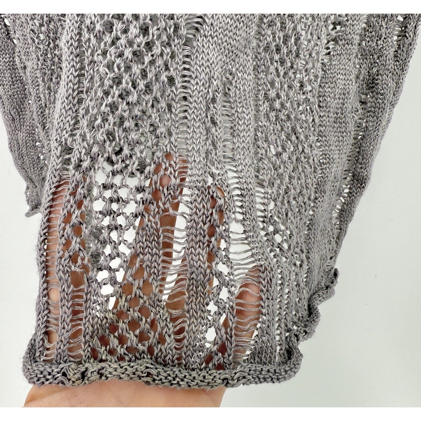 EILEEN FISHER Sweater Linen Metallic Cotton Open Knit Gray Sz M Preppy See Photo