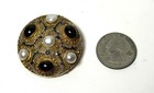 Estate Enamel Sterilng Vermeil Etruscan Round Pendant/Brooch W/Garnets & Pearls — photo 4