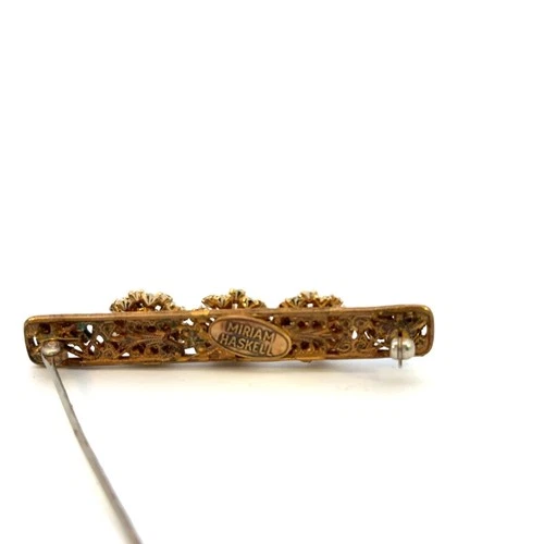 Vintage Miriam Haskell Bar Brooch Rhinestone Floral Design Multicolor Signed