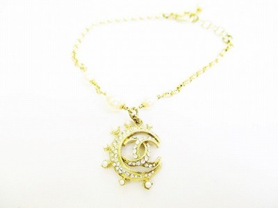 Chanel Cc Logo Coco Strass Halbmond Mond Motiv Perlen Armreif Armband r39_-Jo