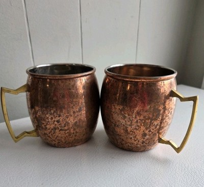 Set of 2 Copper Moscow Mule Mugs Hammered Patina Brass Handle 16 oz
