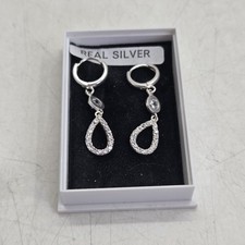 925 Sterling Silver Sparkly Drop Hoop Earrings Dangle Ladies Good Condition