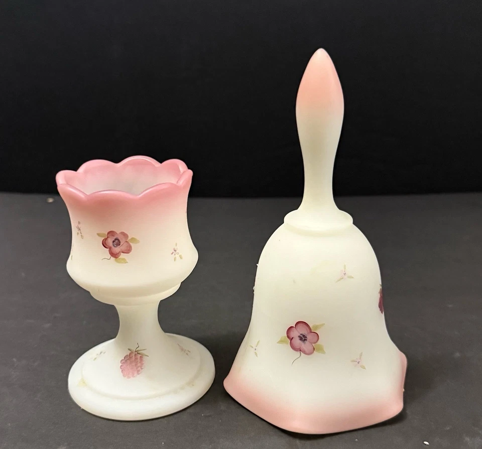 Vintage Fenton Bell & Candleholder Pink Flowers & Raspberries Ombre Satin Signed - Image 3 of 4