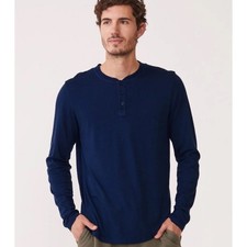 Monrow Mens Blue Waffle Knit Long Sleeve Henley Shirt Size Small Made in USA