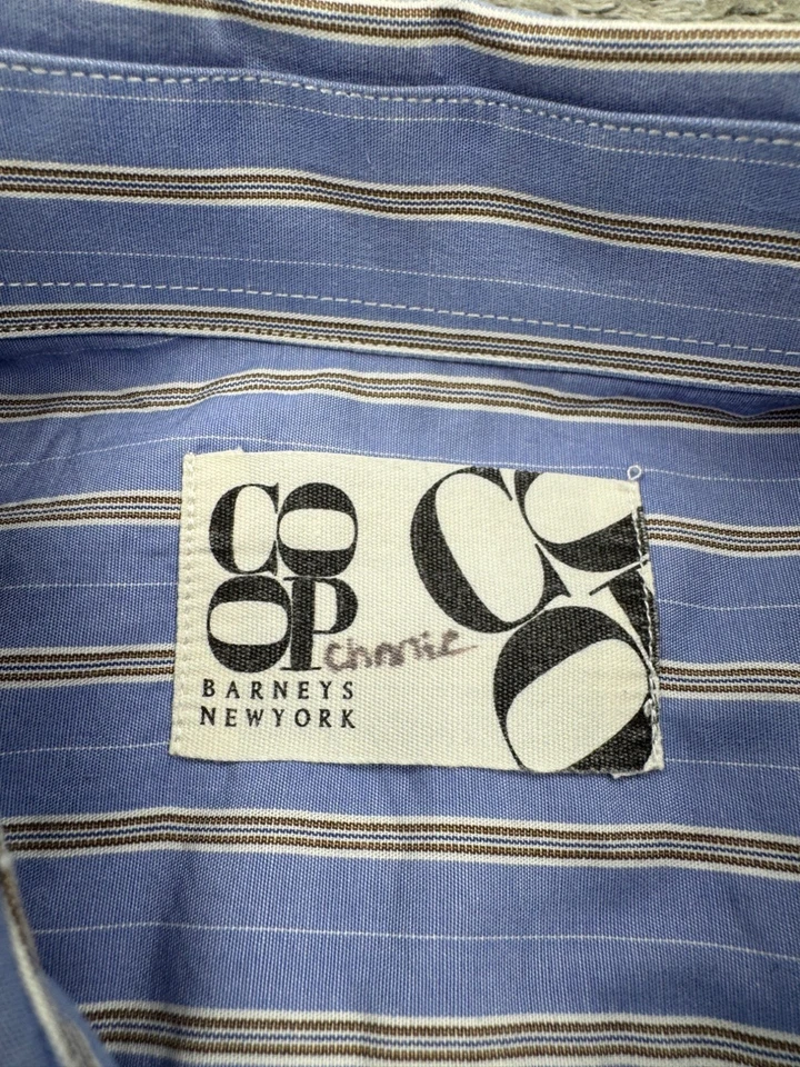 Camisa Barneys New York Hombre Mediana Azul Rayas Carrera Abotonada Hecha en Italia Foto 3 de 4