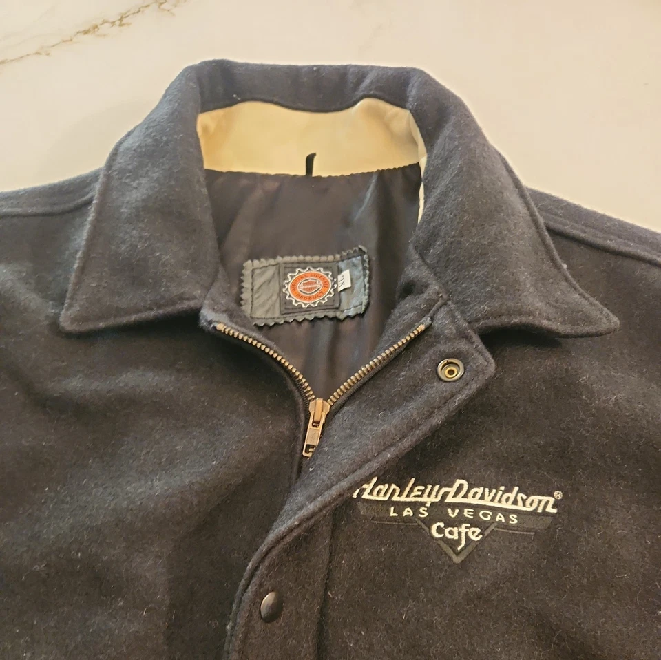 Vtg Harley Davidson Jacket Varsity Coat Leather Wool Las Vegas Cafe SizeXL Black - Image 2 of 4