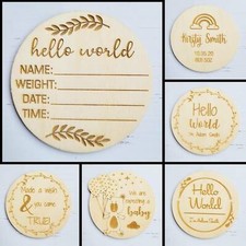 Hello World New Baby Announcement Wooden Plaque Personalised Gift Date New Ply
