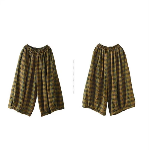 Women Linen Cotton Baggy Checked Pants Wide Leg Retro Elastic Waist Harem - Picture 5 of 17