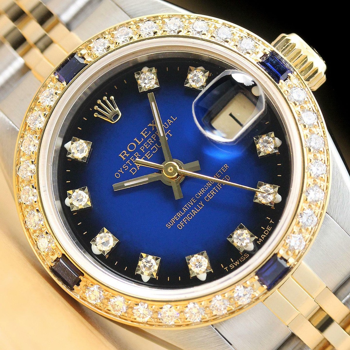 ROLEX LADIES DATEJUST FACTORY DIAL DIAMOND SAPPHIRE BEZEL 18K GOLD