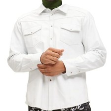 Men's Genuine Lambskin Real Leather Soft Slim Fit White Full Sleeve Biker Shirt