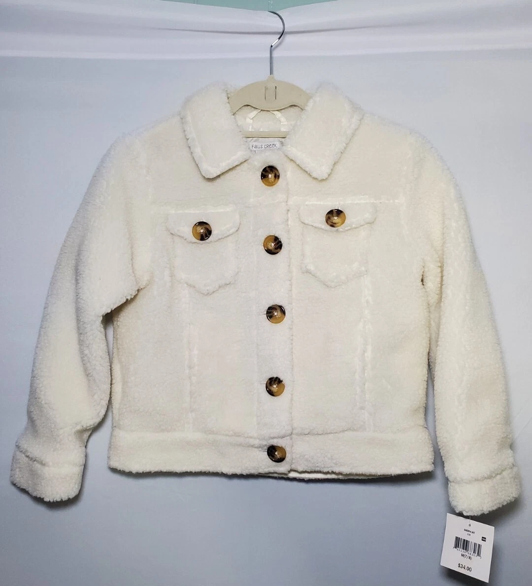 OFF WHITE Giacca sherpa finta Falls Creek bianco sporco grande bottoni davanti ragazza media 7 8 nuova con etichette