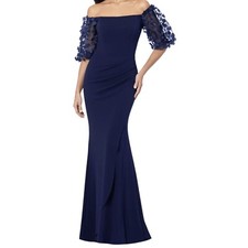 Xscape Evenings Navy 3D Floral Puff Sleeve Off the Shoulder Crepe Maxi Sz 8 $259