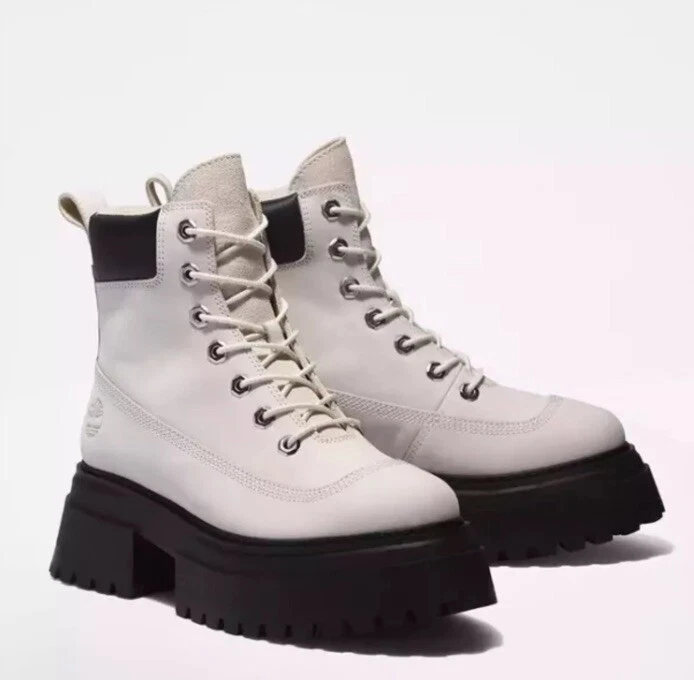NUOVI stivali Timberland SKY 6 pollici stringati plateau bianco nabuk taglia 7 5 pelle