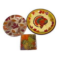 Lot of Disposable Fall Thanksgiving Plates, Bowls, And Napkins Autumn Leaves