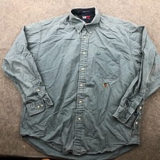 VTG Tommy Hilfiger Shirt Men Large Blue Solid Pockets Lion Crest Embroidered 