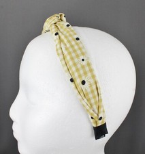 Yellow White gingham turban knot headband plaid fabric band grip teeth flowers