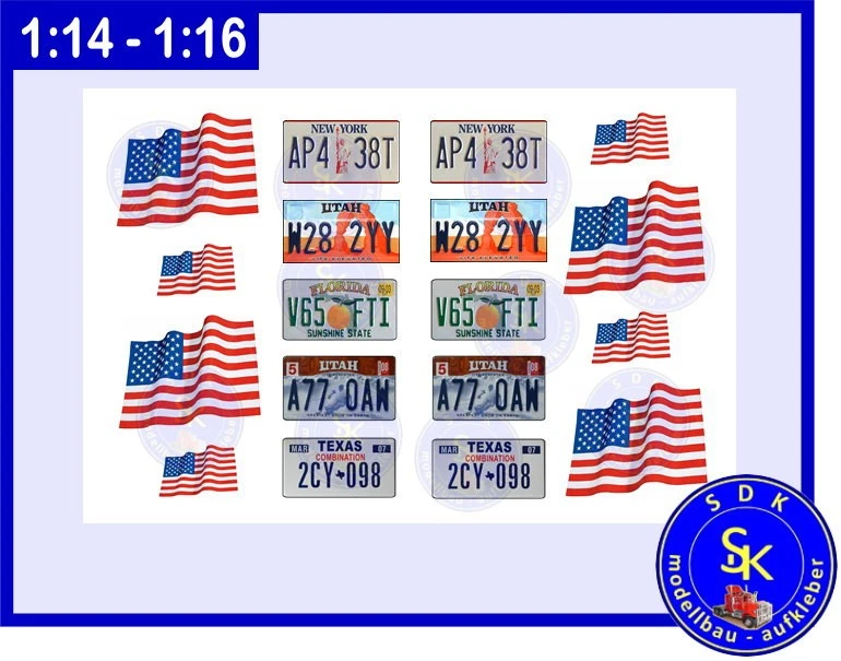 SDK-MODELLBAU-AUFKLEBER USA Nummernschilder Flagge Kennzeichen Modell Truck Aufkleber Sticker 1:14 -1:16