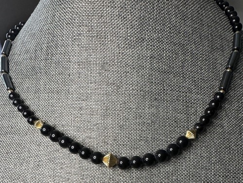 Onyx Bead Necklace Interspersed With Gold Tone Round & Rod Beads 20” - Picture 2 of 6