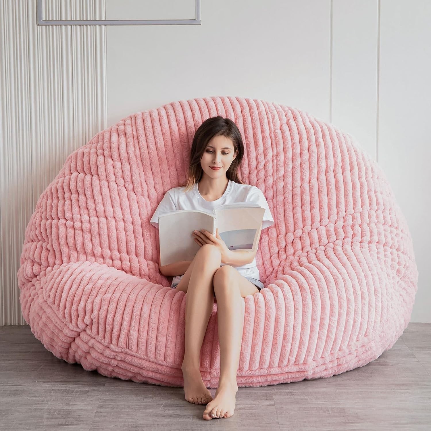 Letto a sacco rotondo gigante in pelliccia sintetica rosa - versatile e lavabile comodo foto 3